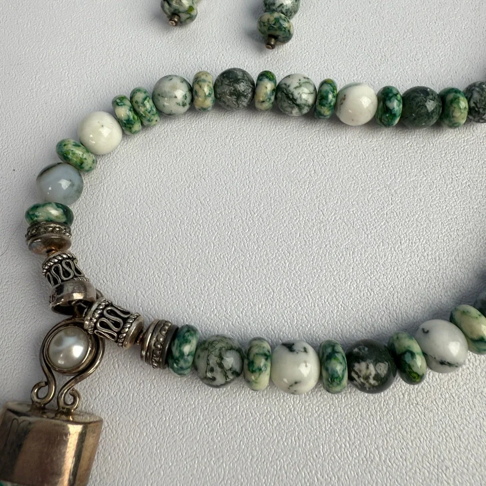 Artisan Sterling 925 Amazonite Pendant Tree Agate Necklace‎ Mother Pearl Set